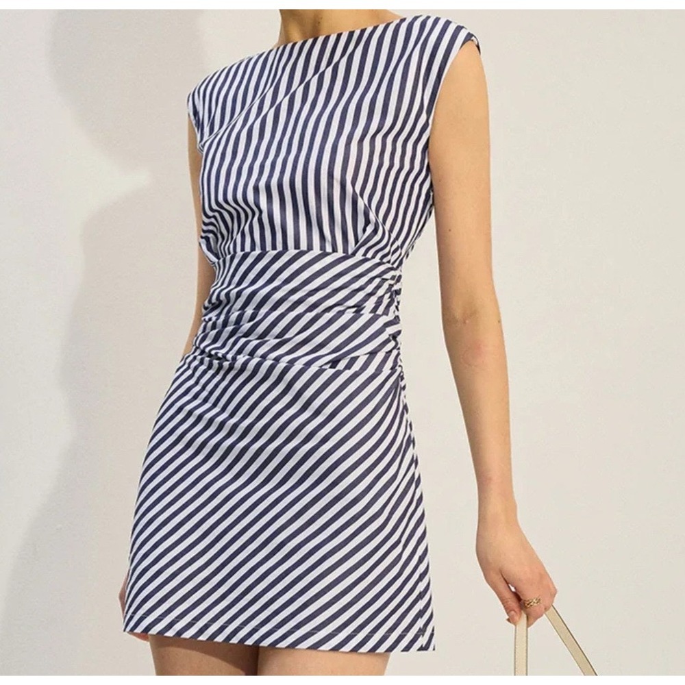Commense Navy White Striped Ruched Mini Dress Cotton Sleeveless Nautical d5
